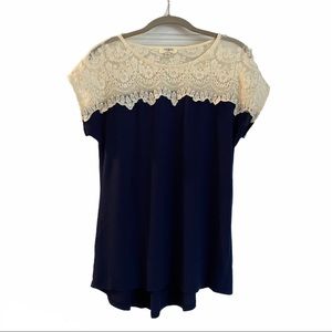Umgee navy blue top with ivory lace detail